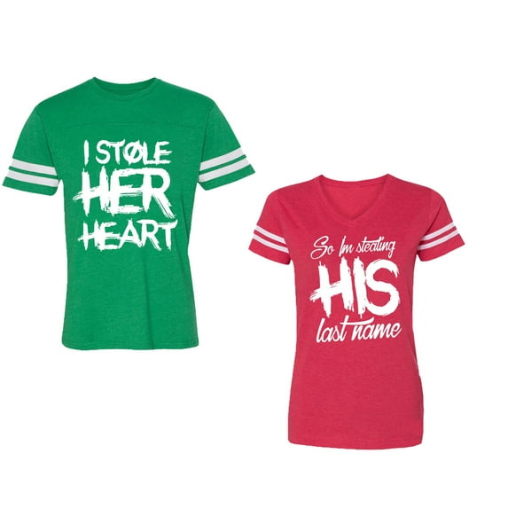 I Stole Her Heart So I am Stealing His Last Name Unisex Couple Matching Cotton Jersey style T-Shirt Contrasting stripes on sleeves (Men Green / Women Red) (Men M / Women M)