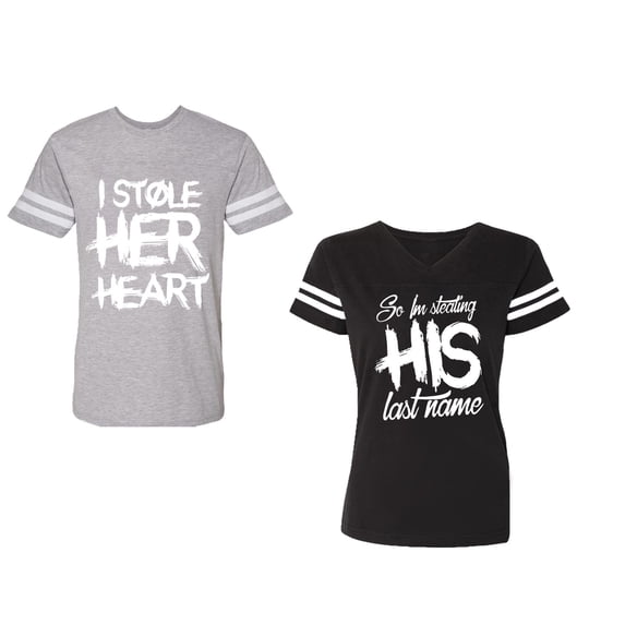 I Stole Her Heart So I am Stealing His Last Name Unisex Couple Matching Cotton Jersey style T-Shirt Contrasting stripes on sleeves (Men Heather / Women Black) (Men L / Women M)