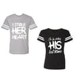 thumbnail image 1 of I Stole Her Heart So I am Stealing His Last Name Unisex Couple Matching Cotton Jersey style T-Shirt Contrasting stripes on sleeves (Men Heather / Women Black) (Men XXL / Women XL), 1 of 3