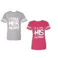 thumbnail image 1 of I Stole Her Heart So I am Stealing His Last Name Unisex Couple Matching Cotton Jersey style T-Shirt Contrasting stripes on sleeves (Men Heather / Women Pink) (Men L / Women XXL), 1 of 3