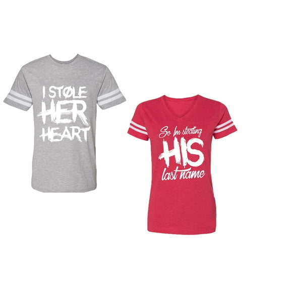 I Stole Her Heart So I am Stealing His Last Name Unisex Couple Matching Cotton Jersey style T-Shirt Contrasting stripes on sleeves (Men Heather / Women Red) (Men XL / Women M)