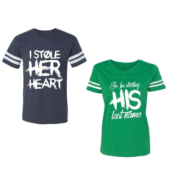 I Stole Her Heart So I am Stealing His Last Name Unisex Couple Matching Cotton Jersey style T-Shirt Contrasting stripes on sleeves (Men Navy / Women Green) (Men XXL / Women M)