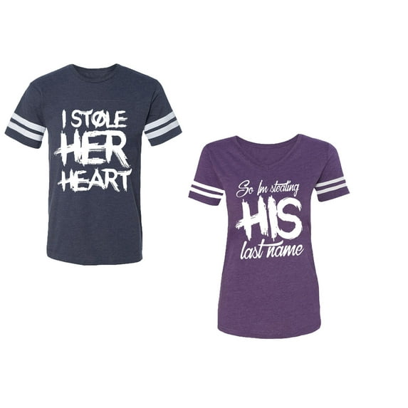I Stole Her Heart So I am Stealing His Last Name Unisex Couple Matching Cotton Jersey style T-Shirt Contrasting stripes on sleeves (Men Navy / Women Purple) (Men M / Women S)