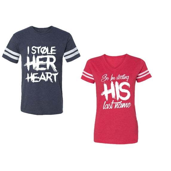 I Stole Her Heart So I am Stealing His Last Name Unisex Couple Matching Cotton Jersey style T-Shirt Contrasting stripes on sleeves (Men Navy / Women Red) (Men S / Women S)