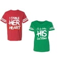 thumbnail image 1 of I Stole Her Heart So I am Stealing His Last Name Unisex Couple Matching Cotton Jersey style T-Shirt Contrasting stripes on sleeves (Men Red / Women Green) (Men M / Women S), 1 of 3