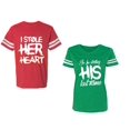 thumbnail image 1 of I Stole Her Heart So I am Stealing His Last Name Unisex Couple Matching Cotton Jersey style T-Shirt Contrasting stripes on sleeves (Men Red / Women Green) (Men XXL / Women XXL), 1 of 3