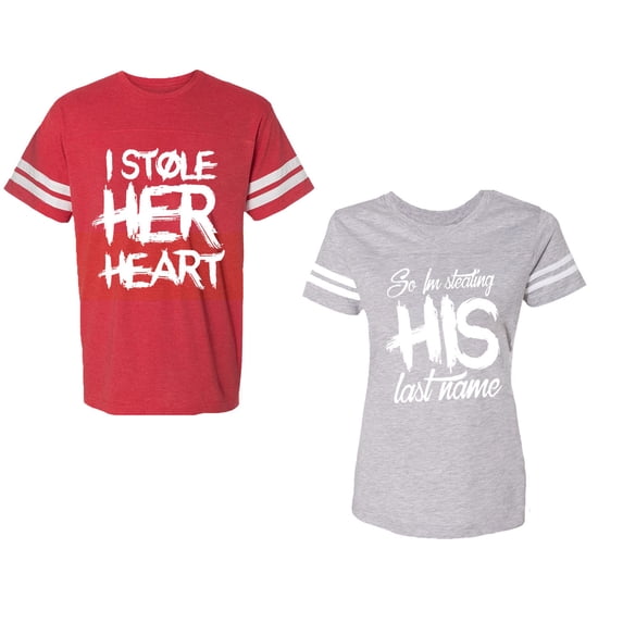 I Stole Her Heart So I am Stealing His Last Name Unisex Couple Matching Cotton Jersey style T-Shirt Contrasting stripes on sleeves (Men Red / Women Heather) (Men M / Women L)