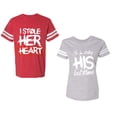 thumbnail image 1 of I Stole Her Heart So I am Stealing His Last Name Unisex Couple Matching Cotton Jersey style T-Shirt Contrasting stripes on sleeves (Men Red / Women Heather) (Men XL / Women S), 1 of 3