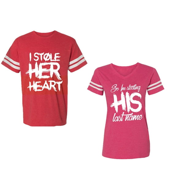 I Stole Her Heart So I am Stealing His Last Name Unisex Couple Matching Cotton Jersey style T-Shirt Contrasting stripes on sleeves (Men Red / Women Pink) (Men M / Women M)