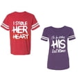 thumbnail image 1 of I Stole Her Heart So I am Stealing His Last Name Unisex Couple Matching Cotton Jersey style T-Shirt Contrasting stripes on sleeves (Men Red / Women Purple) (Men L / Women M), 1 of 3