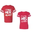 thumbnail image 1 of I Stole Her Heart So I am Stealing His Last Name Unisex Couple Matching Cotton Jersey style T-Shirt Contrasting stripes on sleeves (Men Red / Women Red) (Men M / Women M), 1 of 3