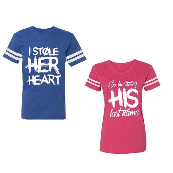 I Stole Her Heart So I am Stealing His Last Name Unisex Couple Matching Cotton Jersey style T-Shirt Contrasting stripes on sleeves (Men Royal / Women Pink) (Men XL / Women XL)