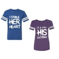 thumbnail image 1 of I Stole Her Heart So I am Stealing His Last Name Unisex Couple Matching Cotton Jersey style T-Shirt Contrasting stripes on sleeves (Men Royal / Women Purple) (Men L / Women XXL), 1 of 3