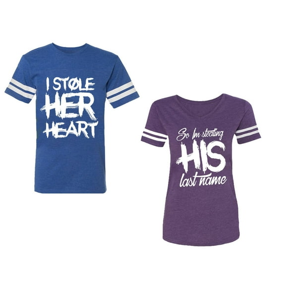I Stole Her Heart So I am Stealing His Last Name Unisex Couple Matching Cotton Jersey style T-Shirt Contrasting stripes on sleeves (Men Royal / Women Purple) (Men XXXL / Women XXL)
