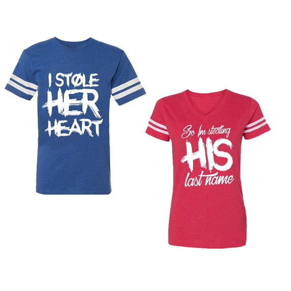 I Stole Her Heart So I am Stealing His Last Name Unisex Couple Matching Cotton Jersey style T-Shirt Contrasting stripes on sleeves (Men Royal / Women Red) (Men L / Women XXL)