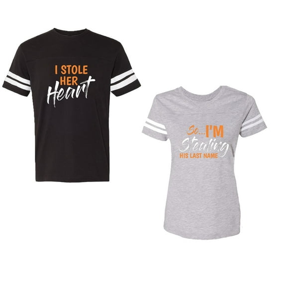 I Stole Her Heart So I am Stealing His Last name Unisex Couple Matching Cotton Jersey style T-Shirt Contrasting stripes on sleeves (Men Black / Women Heather) (Men XXXL / Women XXL)