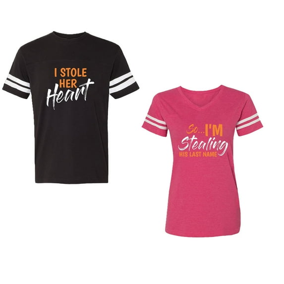 I Stole Her Heart So I am Stealing His Last name Unisex Couple Matching Cotton Jersey style T-Shirt Contrasting stripes on sleeves (Men Black / Women Pink) (Men XL / Women L)