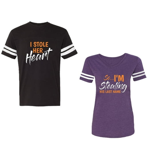 I Stole Her Heart So I am Stealing His Last name Unisex Couple Matching Cotton Jersey style T-Shirt Contrasting stripes on sleeves (Men Black / Women Purple) (Men XXL / Women XL)