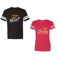 thumbnail image 1 of I Stole Her Heart So I am Stealing His Last name Unisex Couple Matching Cotton Jersey style T-Shirt Contrasting stripes on sleeves (Men Black / Women Red) (Men M / Women XL), 1 of 3