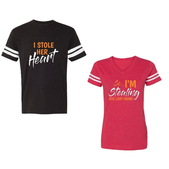 I Stole Her Heart So I am Stealing His Last name Unisex Couple Matching Cotton Jersey style T-Shirt Contrasting stripes on sleeves (Men Black / Women Red) (Men XL / Women S)
