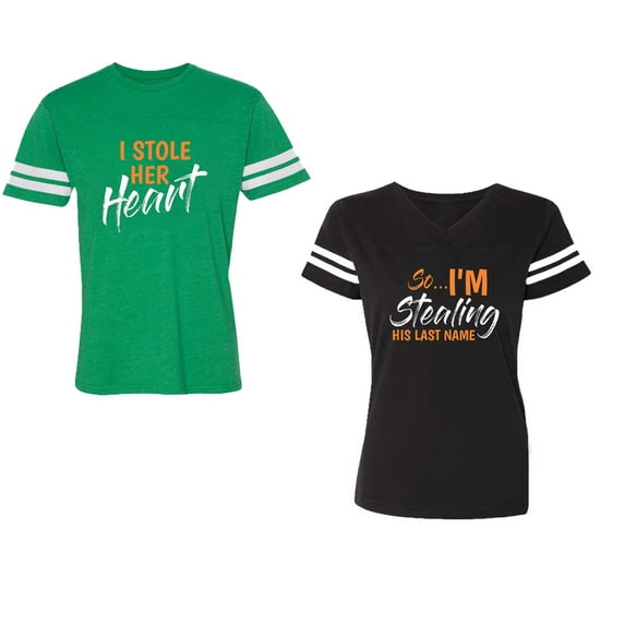I Stole Her Heart So I am Stealing His Last name Unisex Couple Matching Cotton Jersey style T-Shirt Contrasting stripes on sleeves (Men Green / Women Black) (Men S / Women S)