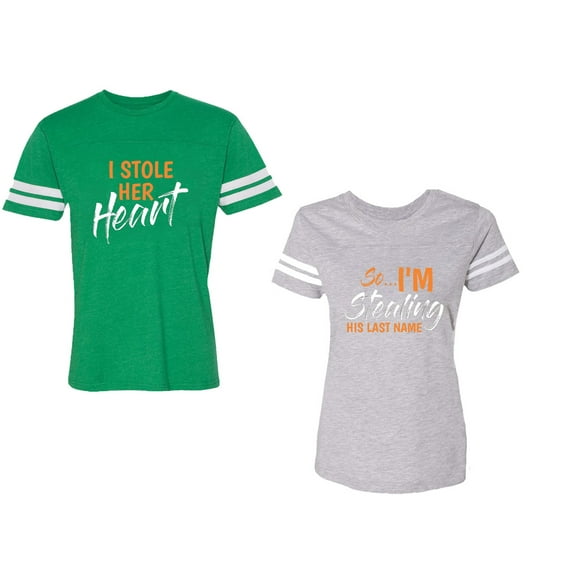 I Stole Her Heart So I am Stealing His Last name Unisex Couple Matching Cotton Jersey style T-Shirt Contrasting stripes on sleeves (Men Green / Women Heather) (Men M / Women S)