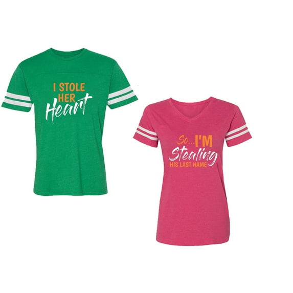 I Stole Her Heart So I am Stealing His Last name Unisex Couple Matching Cotton Jersey style T-Shirt Contrasting stripes on sleeves (Men Green / Women Pink) (Men XXXL / Women XXL)