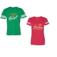 thumbnail image 1 of I Stole Her Heart So I am Stealing His Last name Unisex Couple Matching Cotton Jersey style T-Shirt Contrasting stripes on sleeves (Men Green / Women Red) (Men S / Women XXL), 1 of 3
