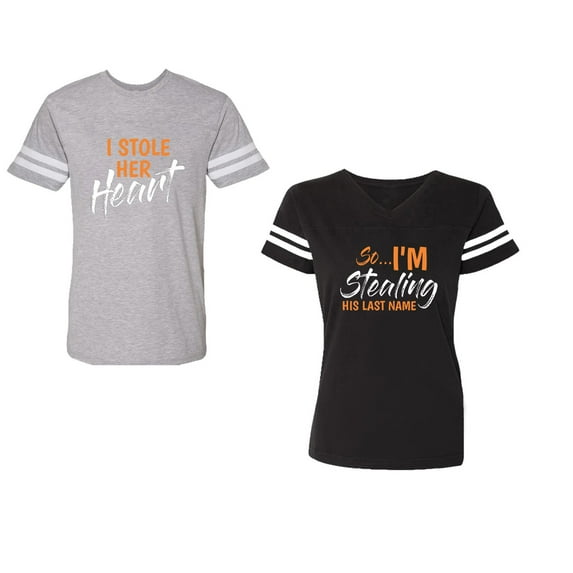 I Stole Her Heart So I am Stealing His Last name Unisex Couple Matching Cotton Jersey style T-Shirt Contrasting stripes on sleeves (Men Heather / Women Black) (Men S / Women S)