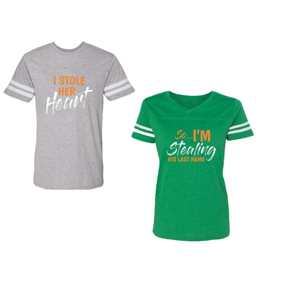 I Stole Her Heart So I am Stealing His Last name Unisex Couple Matching Cotton Jersey style T-Shirt Contrasting stripes on sleeves (Men Heather / Women Green) (Men S / Women L)