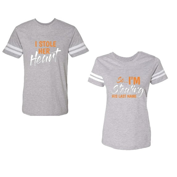 I Stole Her Heart So I am Stealing His Last name Unisex Couple Matching Cotton Jersey style T-Shirt Contrasting stripes on sleeves (Men Heather / Women Heather) (Men XXL / Women S)