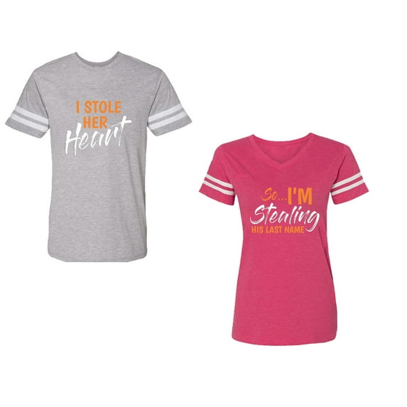 I Stole Her Heart So I am Stealing His Last name Unisex Couple Matching Cotton Jersey style T-Shirt Contrasting stripes on sleeves (Men Heather / Women Pink) (Men L / Women S)