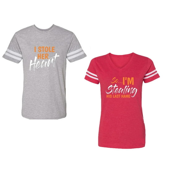 I Stole Her Heart So I am Stealing His Last name Unisex Couple Matching Cotton Jersey style T-Shirt Contrasting stripes on sleeves (Men Heather / Women Red) (Men XL / Women XL)