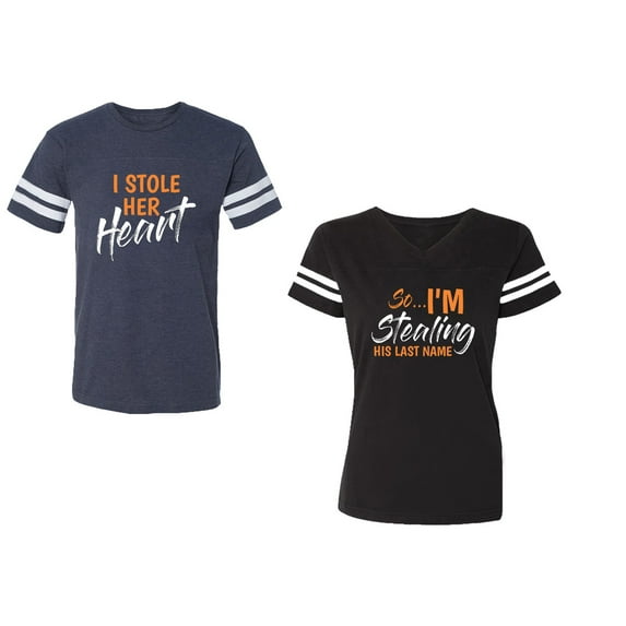 I Stole Her Heart So I am Stealing His Last name Unisex Couple Matching Cotton Jersey style T-Shirt Contrasting stripes on sleeves (Men Navy / Women Black) (Men S / Women S)