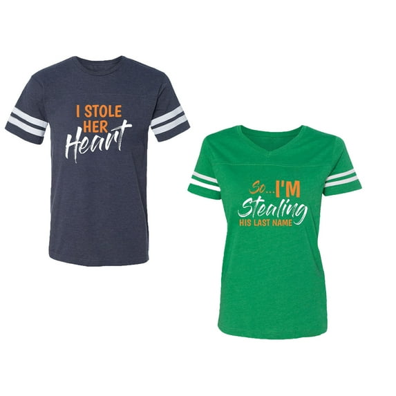 I Stole Her Heart So I am Stealing His Last name Unisex Couple Matching Cotton Jersey style T-Shirt Contrasting stripes on sleeves (Men Navy / Women Green) (Men M / Women L)