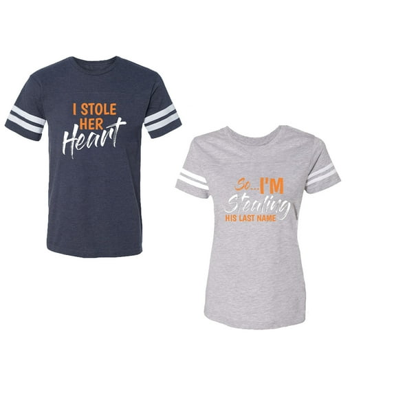 I Stole Her Heart So I am Stealing His Last name Unisex Couple Matching Cotton Jersey style T-Shirt Contrasting stripes on sleeves (Men Navy / Women Heather) (Men XL / Women S)