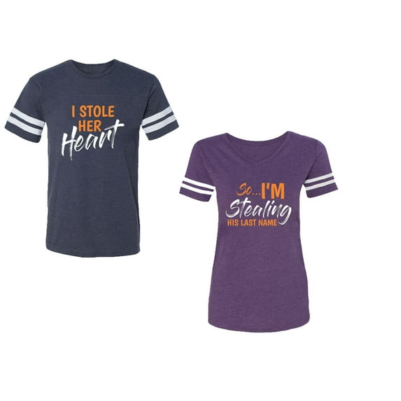 I Stole Her Heart So I am Stealing His Last name Unisex Couple Matching Cotton Jersey style T-Shirt Contrasting stripes on sleeves (Men Navy / Women Purple) (Men L / Women M)