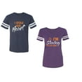 thumbnail image 1 of I Stole Her Heart So I am Stealing His Last name Unisex Couple Matching Cotton Jersey style T-Shirt Contrasting stripes on sleeves (Men Navy / Women Purple) (Men XL / Women XL), 1 of 3