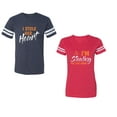 thumbnail image 1 of I Stole Her Heart So I am Stealing His Last name Unisex Couple Matching Cotton Jersey style T-Shirt Contrasting stripes on sleeves (Men Navy / Women Red) (Men S / Women M), 1 of 3