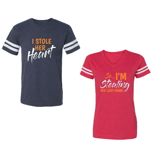 I Stole Her Heart So I am Stealing His Last name Unisex Couple Matching Cotton Jersey style T-Shirt Contrasting stripes on sleeves (Men Navy / Women Red) (Men S / Women XXL)