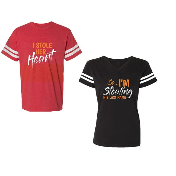 I Stole Her Heart So I am Stealing His Last name Unisex Couple Matching Cotton Jersey style T-Shirt Contrasting stripes on sleeves (Men Red / Women Black) (Men S / Women S)