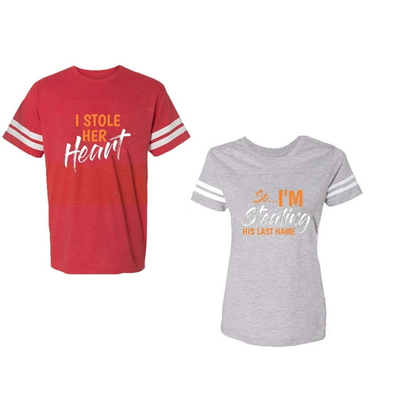 I Stole Her Heart So I am Stealing His Last name Unisex Couple Matching Cotton Jersey style T-Shirt Contrasting stripes on sleeves (Men Red / Women Heather) (Men XL / Women M)