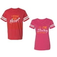 thumbnail image 1 of I Stole Her Heart So I am Stealing His Last name Unisex Couple Matching Cotton Jersey style T-Shirt Contrasting stripes on sleeves (Men Red / Women Pink) (Men M / Women S), 1 of 3