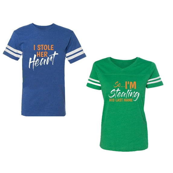 I Stole Her Heart So I am Stealing His Last name Unisex Couple Matching Cotton Jersey style T-Shirt Contrasting stripes on sleeves (Men Royal / Women Green) (Men S / Women M)