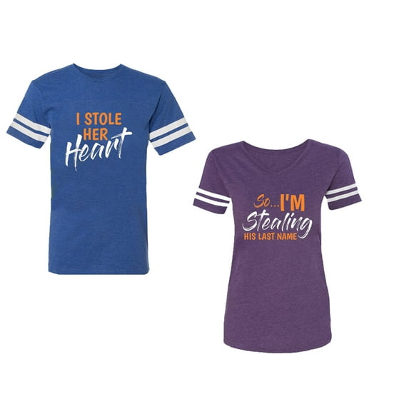 I Stole Her Heart So I am Stealing His Last name Unisex Couple Matching Cotton Jersey style T-Shirt Contrasting stripes on sleeves (Men Royal / Women Purple) (Men XL / Women XL)