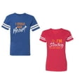 thumbnail image 1 of I Stole Her Heart So I am Stealing His Last name Unisex Couple Matching Cotton Jersey style T-Shirt Contrasting stripes on sleeves (Men Royal / Women Red) (Men XXL / Women L), 1 of 3