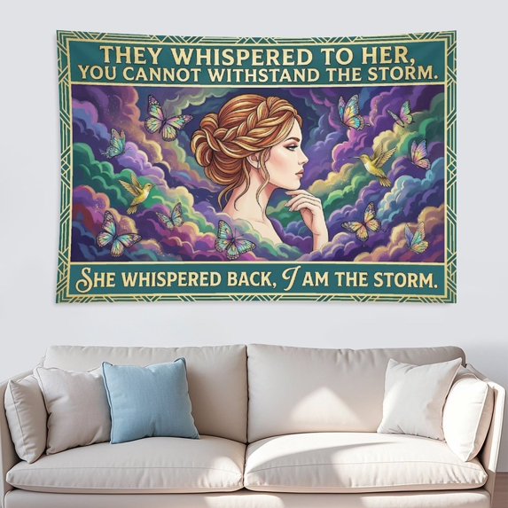I Am The Storm Feminist Art Deco Vintage Tapestry, Hummingbird Butterfly Rainbow Cloud Boho Inspirational Wall Decor for Dorm Bedroom, Women Empowerment Gift