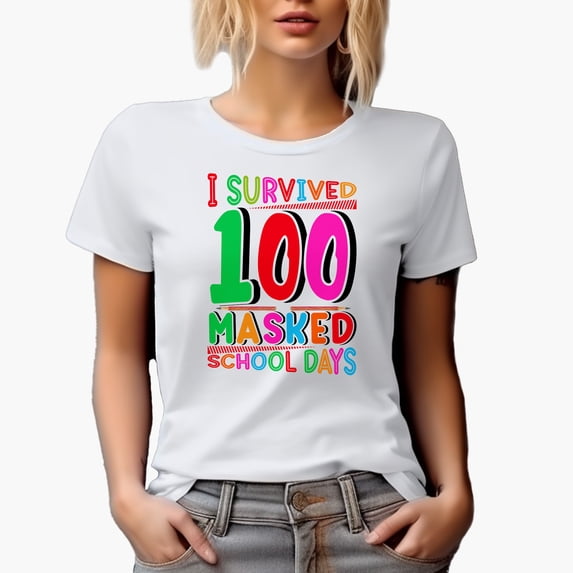 I Survived 100 Masked School Days, White T-Shirt, Small