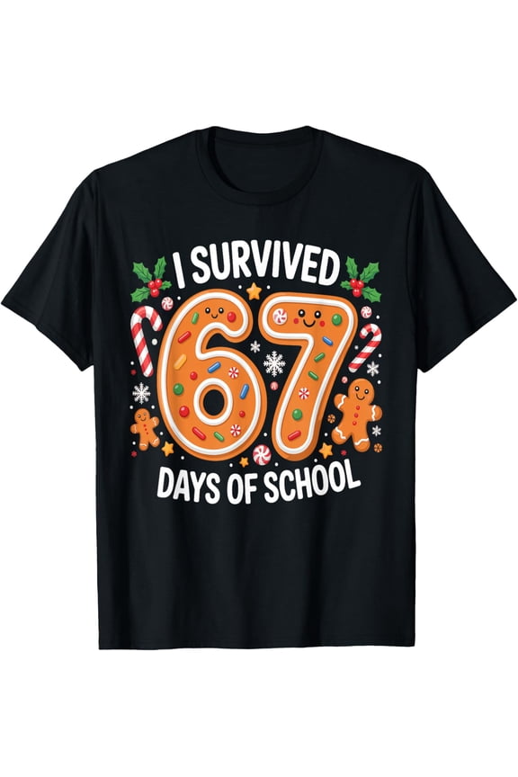 I Survived 67 Days of School Christmas Candy Cane Six Seven T-Shirt- American fashion hot selling casual retro high quality 100% cotton T-shirt 1 piece
