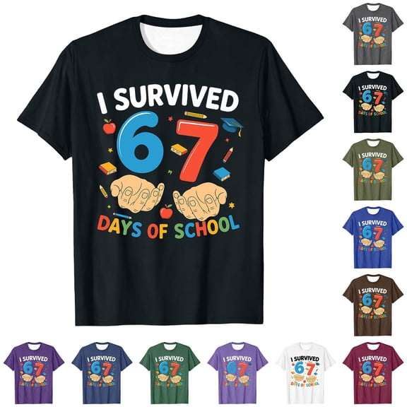 I Survived 67 Days of School T-Shirt Men Women Funny Six Seven 6 7 Meme Shirt Short Sleeve Tee Tops, Navy, M